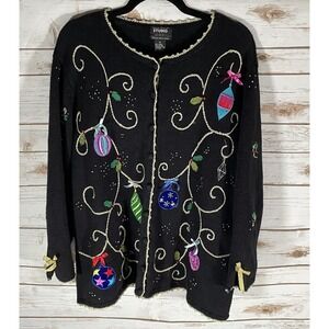 Vintage Studio Joy Black Christmas Cardigan Sweater Beaded and Embroidered 1X